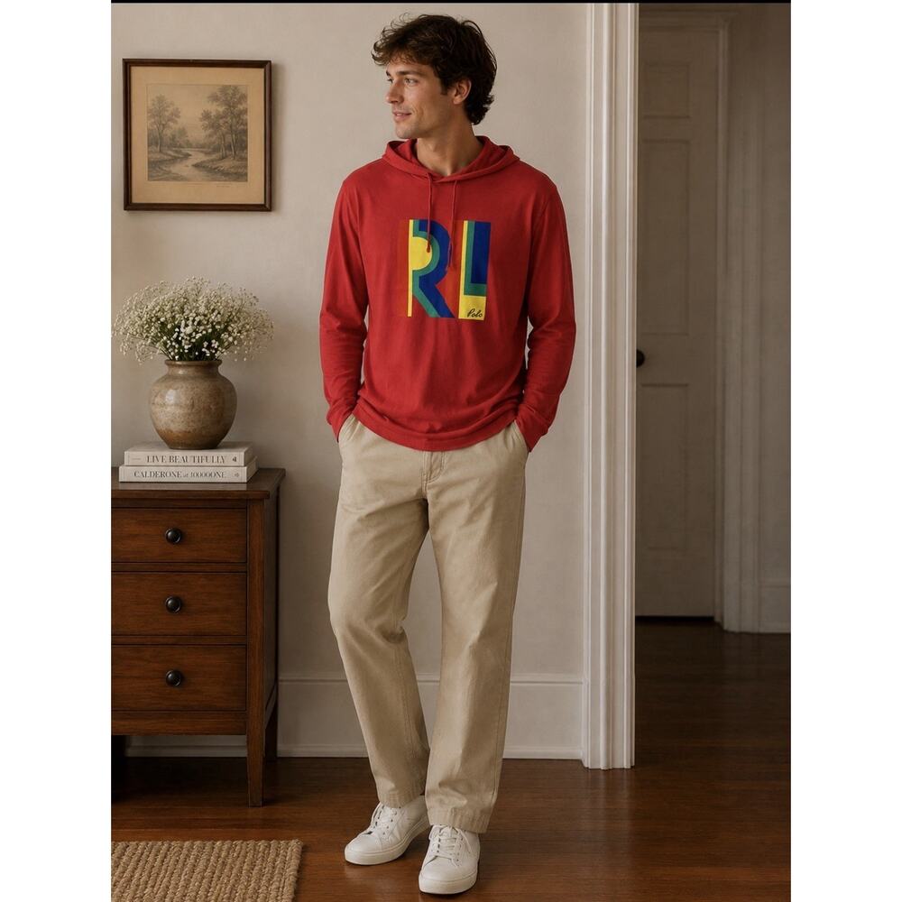 Polo Ralph Lauren Red Logo Graphic Hooded Tee Small Hole In Hood See Pics Sz L
